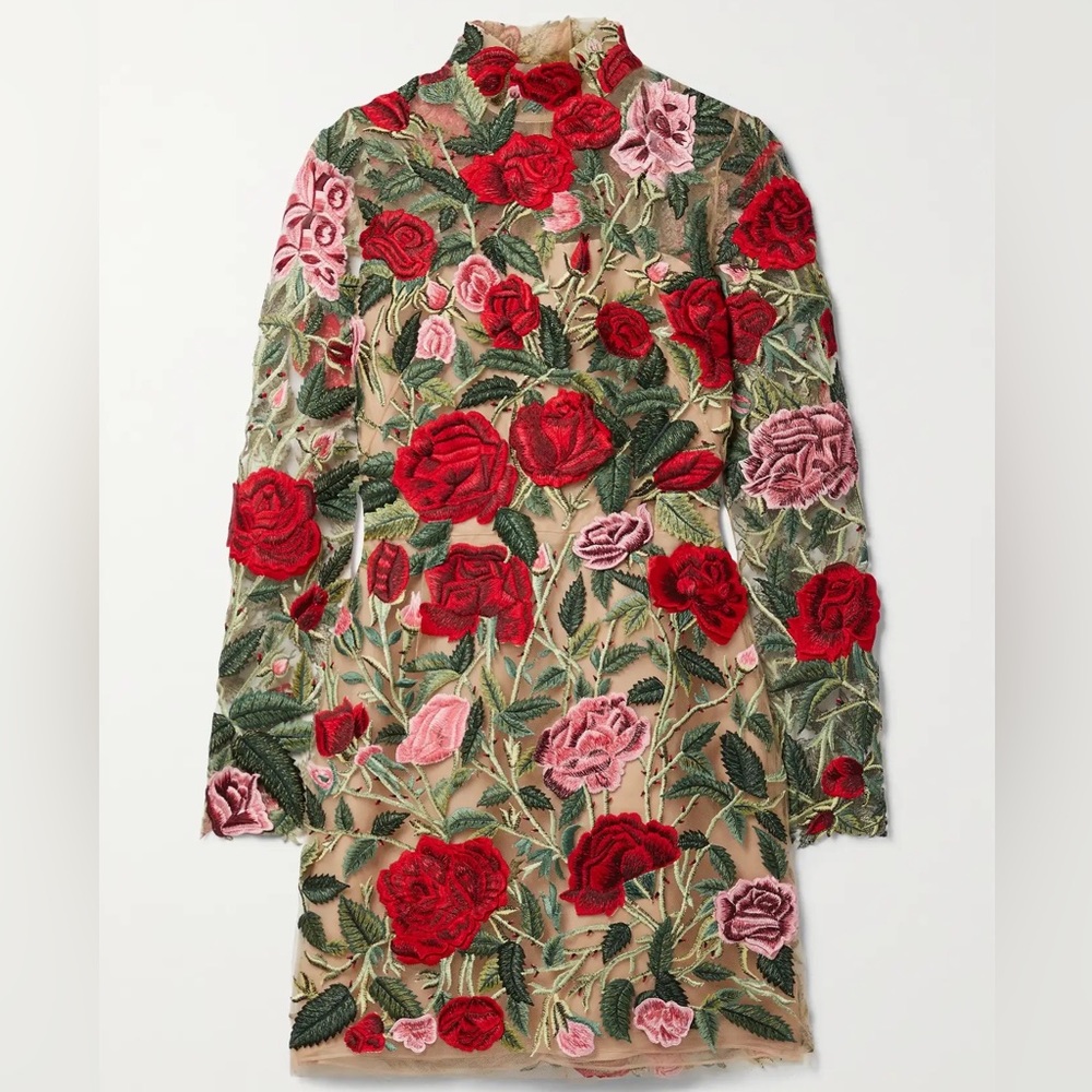 Floral Embroidered High Neck Mini Dress, (NOT Oscar de la Renta), Luxury Mini - Picture 9 of 14